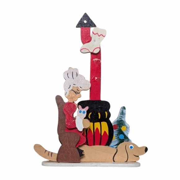Vintage Schmidt Emgee Wooden Christmas Ornament Lady with Cat and Dog Fireplace - Picture 6 of 9